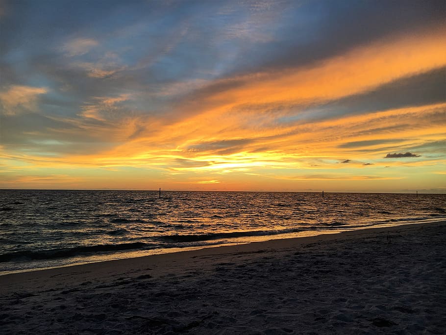 Sunset, Beach, Colors, Clouds, beach sunset, ocean, sea, sky HD wallpaper