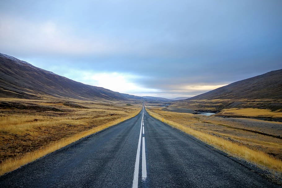 road, path, grass, field, mountain, view, landscape, nature HD wallpaper