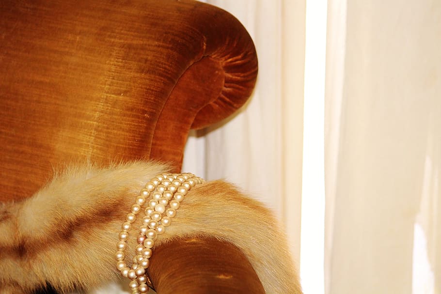 pearl necklace, fur stoles, chair, jewellery, luxury, valuable