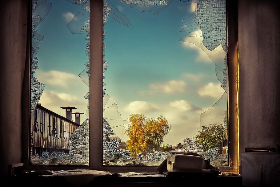clouds, broken, glass, window, architecture, built structure HD wallpaper