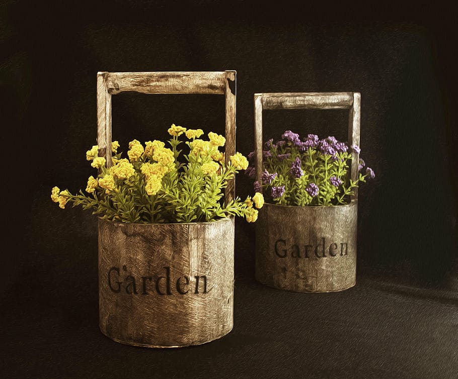 brown wooden plant buckets, still life, rustic, old, time, color HD wallpaper