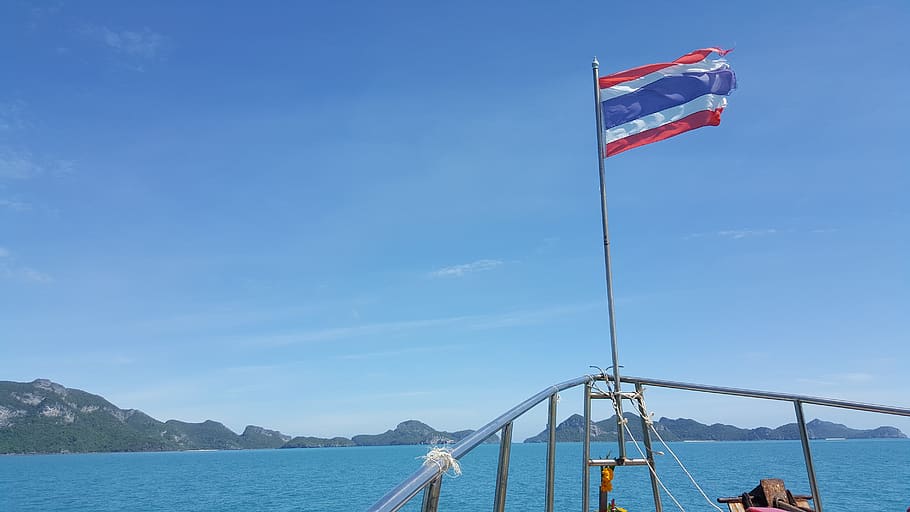 thailand, flag, ocean, marina, sky, asia, boats, travel, water, HD wallpaper