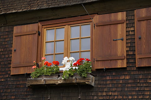 Farmhouse, Window, Geranium, Shutters, wood, woods, allgäu HD wallpaper