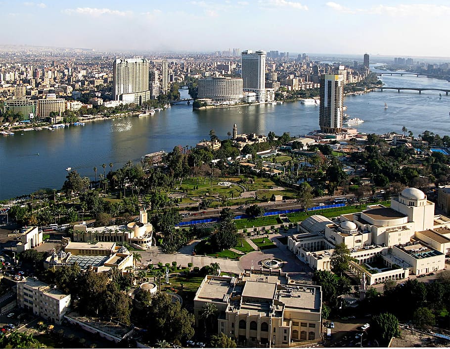 Southern tip of Gezira island with Cairo Opera in Egypt, buildings