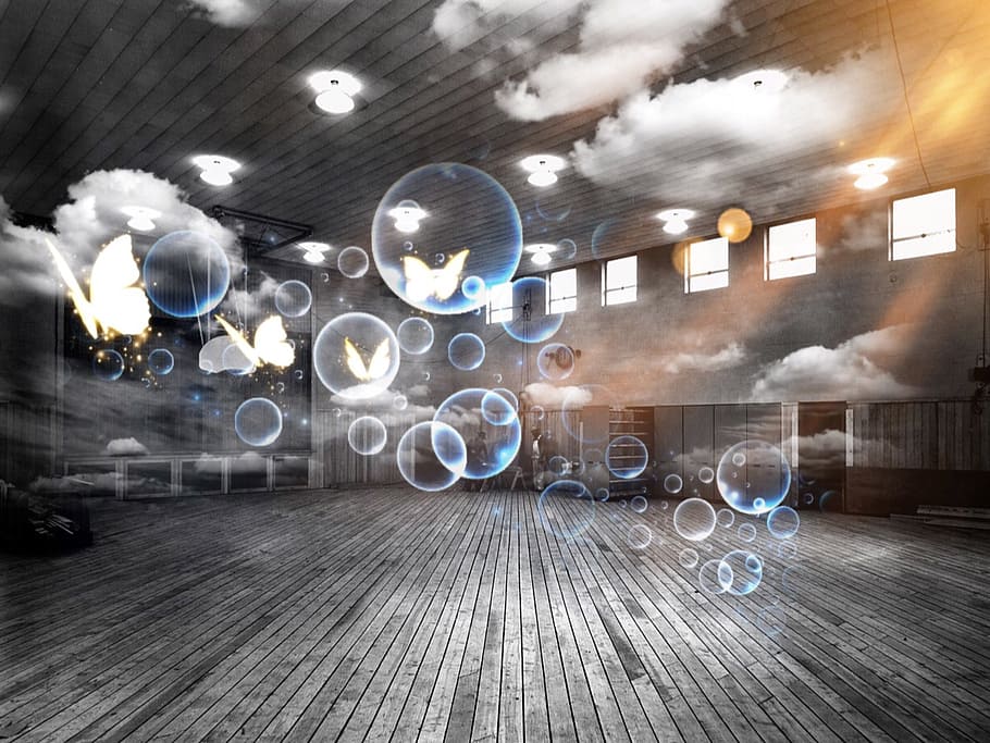 grayscale photo of bubbles on room, sports hall, soap bubbles, HD wallpaper
