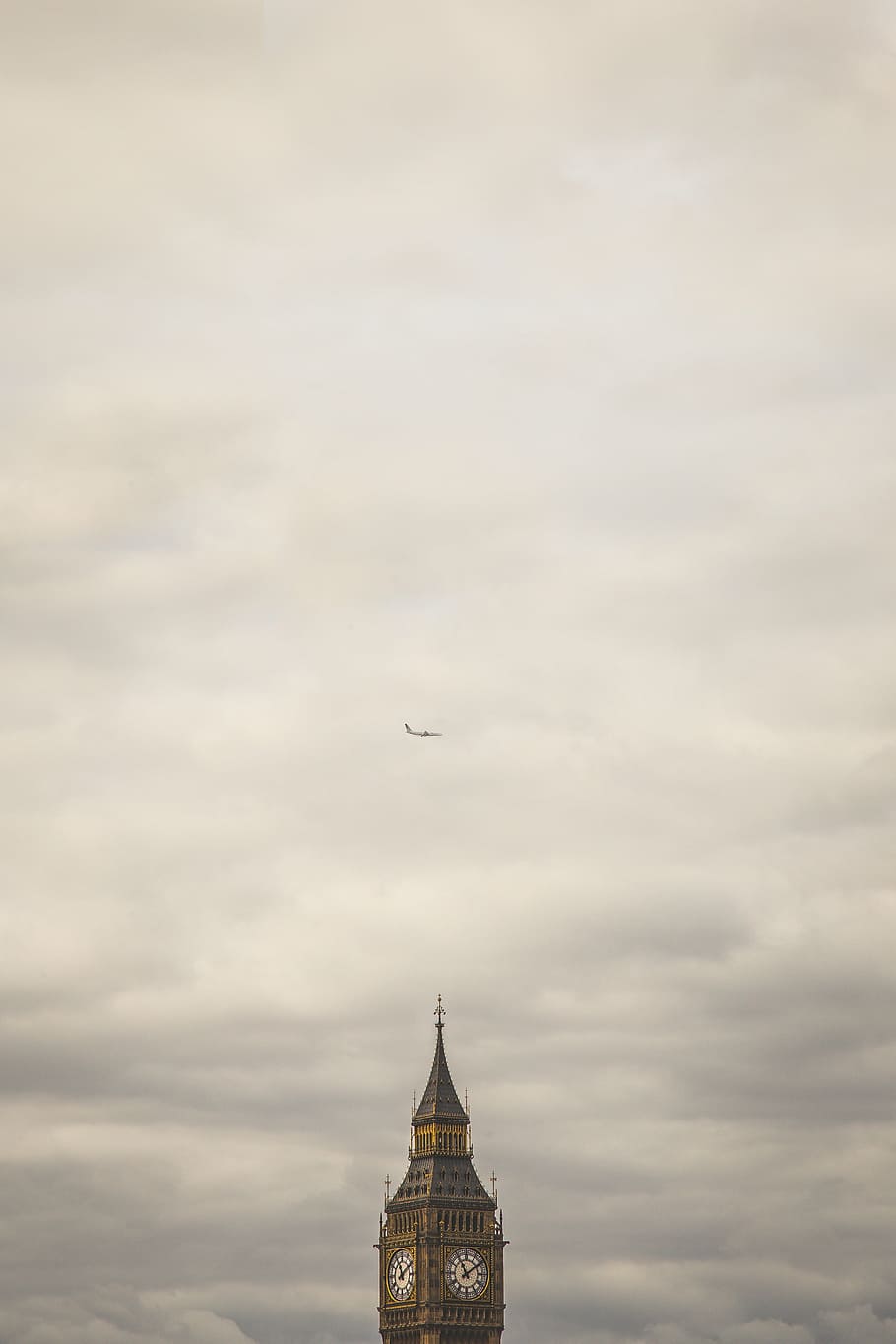 gray airplane on sky, white, mid, daytime, big ben, clock, building HD wallpaper