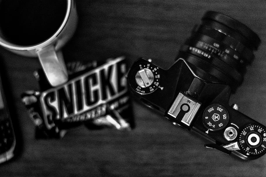 snickers, photo, camera, cup, still life, style, lifestyle HD wallpaper