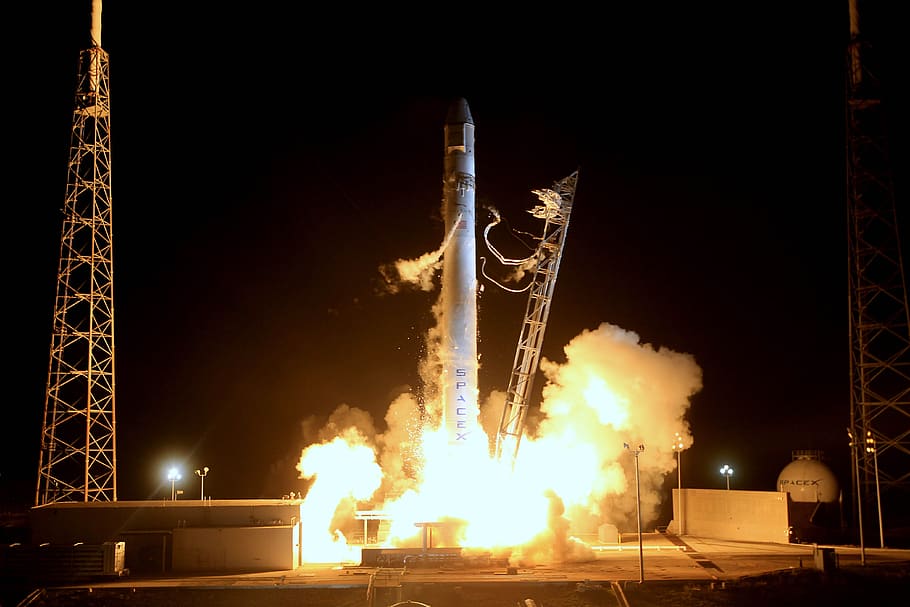 rocket launch, night, countdown, spacex, lift-off, flames, propulsion