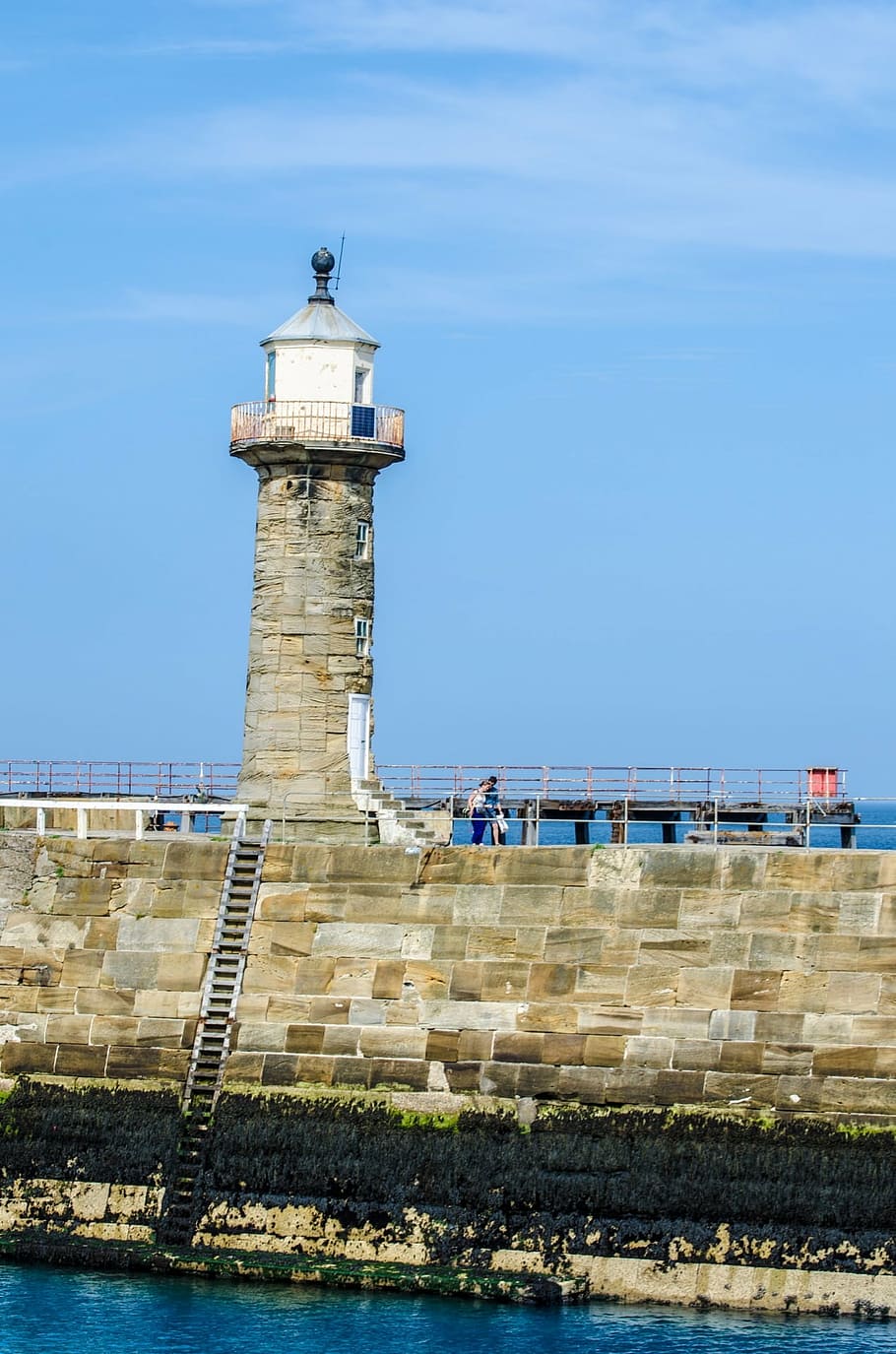 lighthouse, sky, red, blue, sea, lighting, cloud, cloudy, clouds HD wallpaper