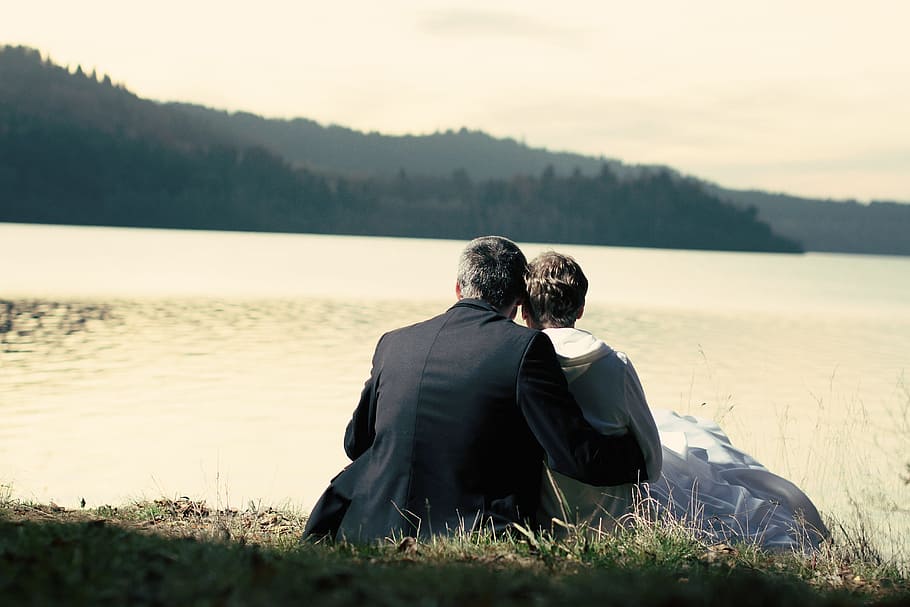 lake, love, the sun, rear view, men, real people, sitting, water HD wallpaper