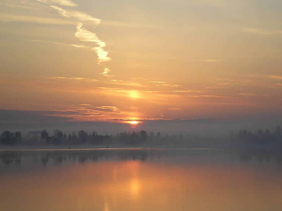 body of water surrounded with trees, dawn, river, morning, sky
