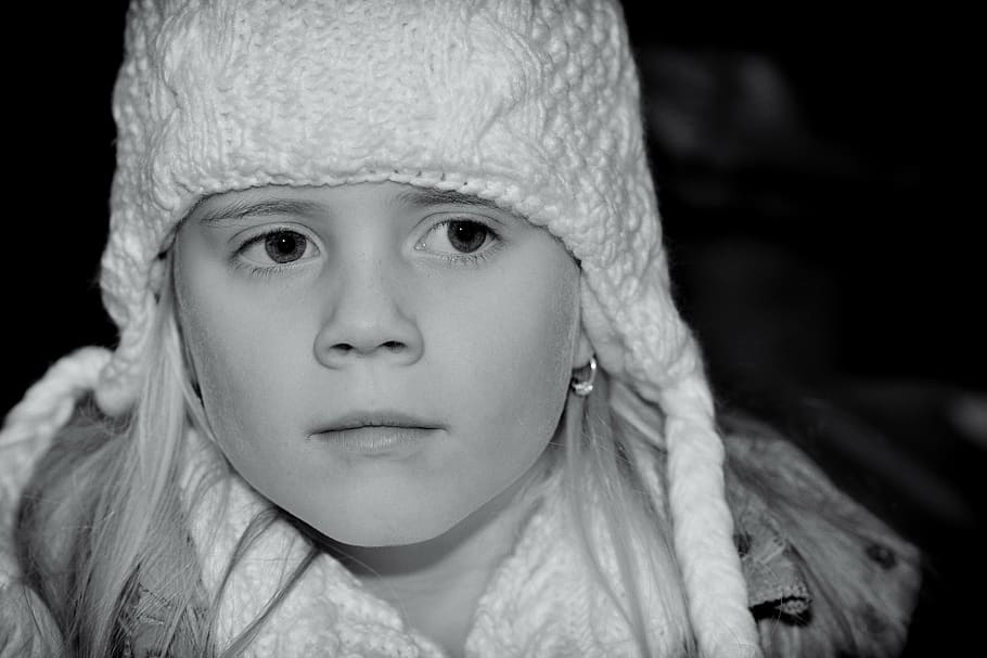 child, girl, face, cap, winter, black and white recording, people HD wallpaper
