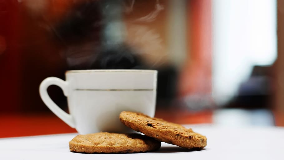 two cookies beside cup, coffee with biscuits, coffee and biscuits HD wallpaper