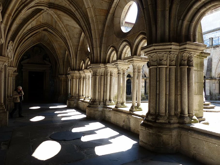 cloister, cathedral, back light, architecture, architectural column, HD wallpaper