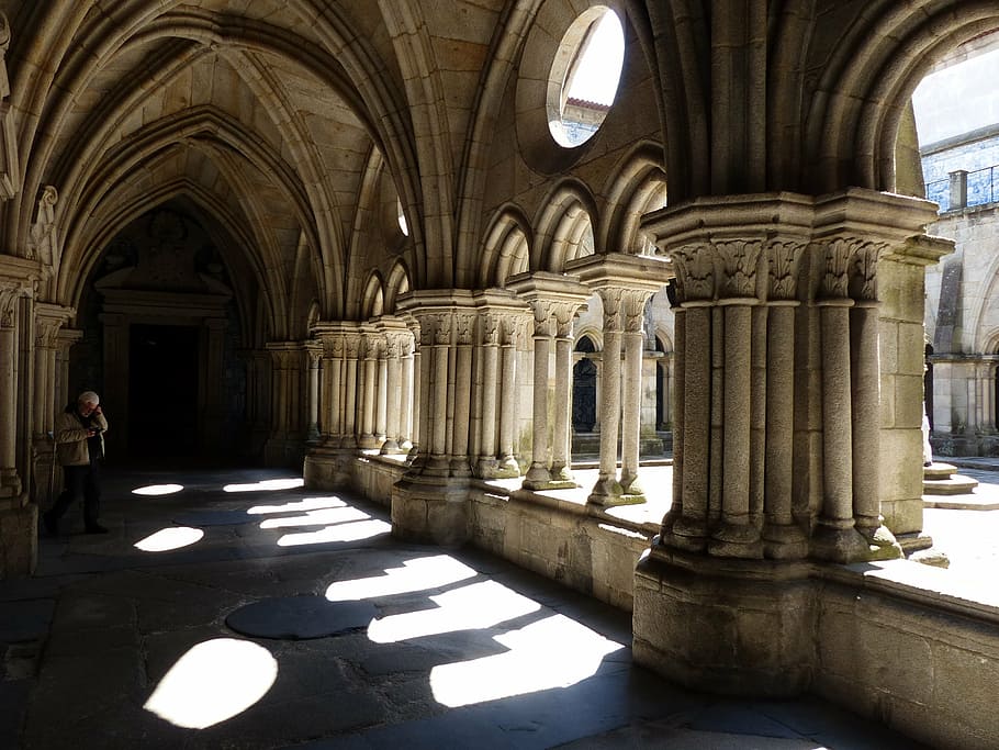 cloister, cathedral, back light, architecture, architectural column HD wallpaper