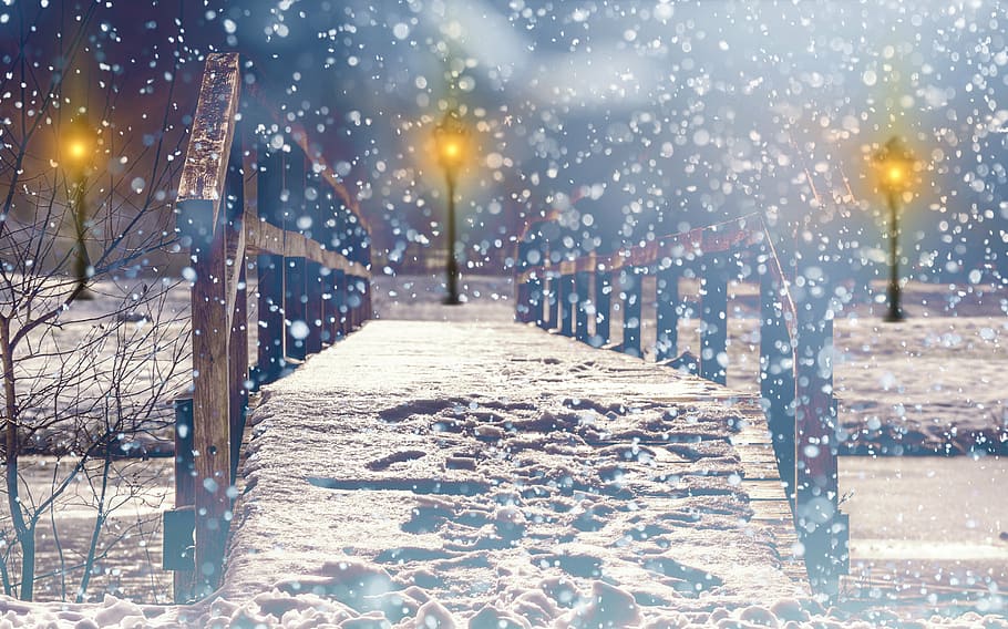 brown wooden bridge on snowy field, snowfall, lantern, lights HD wallpaper