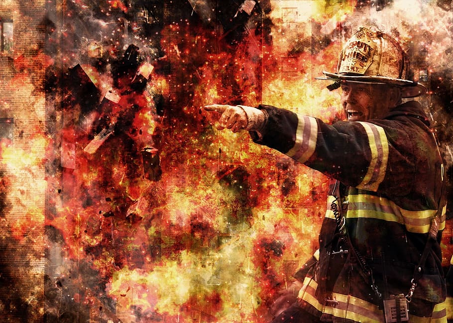 Firemen pointing a his left direction, firefighter, flame, witness, HD wallpaper