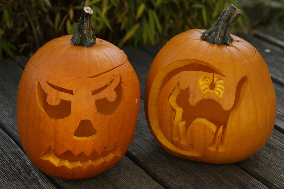 two cutout Jack-o-Lantern pumpkins, halloween, autumn, orange, HD wallpaper