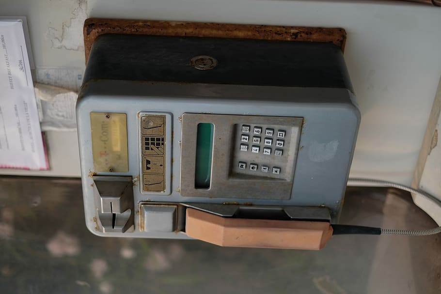 gray and brown payphone on focus photo, blue phone mounted on wall, HD wallpaper