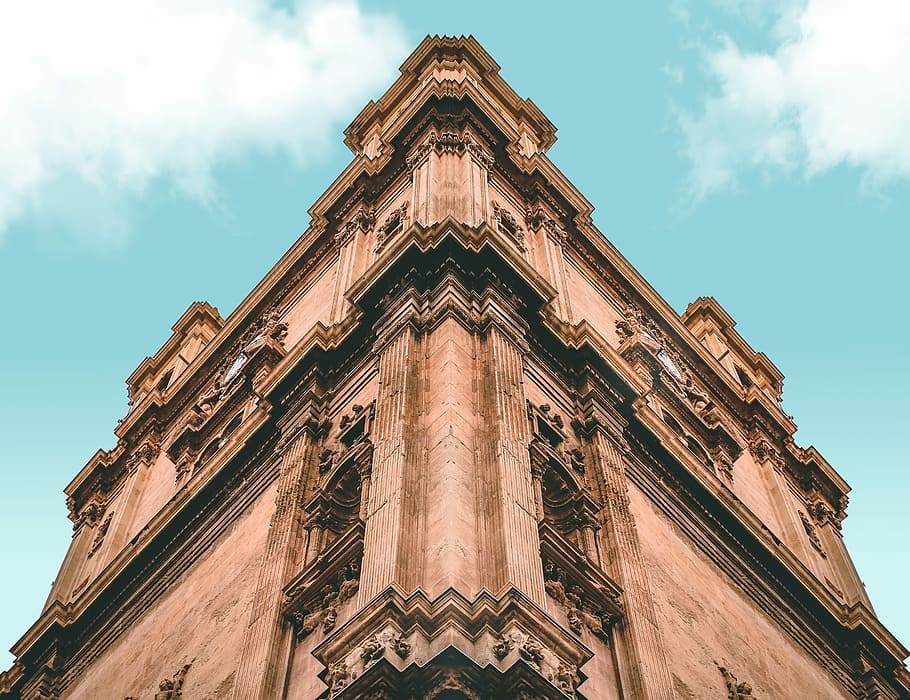 brown concrete building, architecture, stone, sky, blue, building exterior HD wallpaper