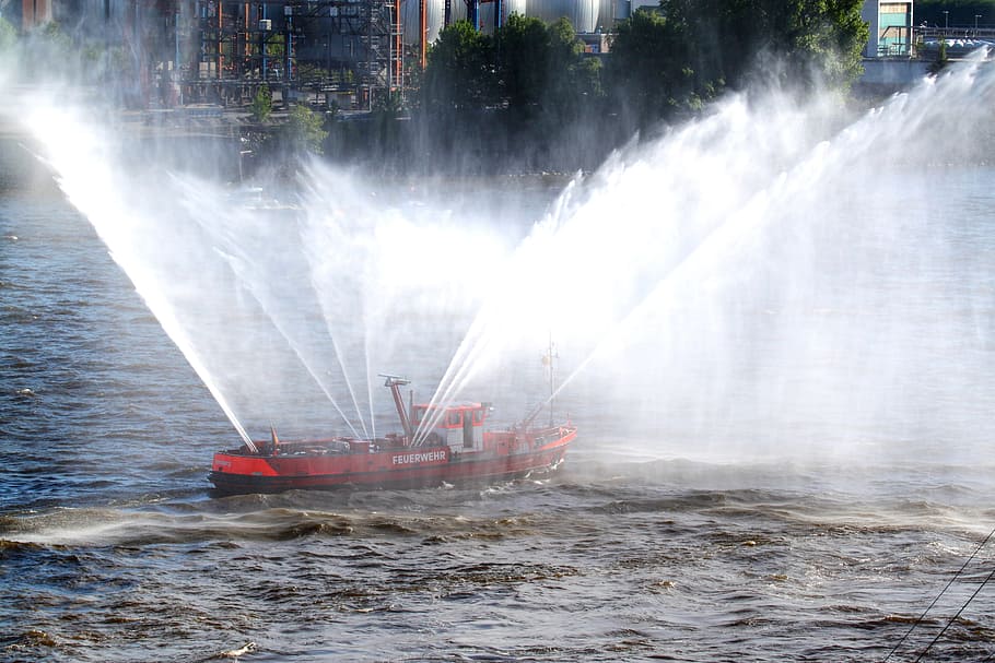 ship, ships, port, boot, coast, transport, fire, fire fighter HD wallpaper