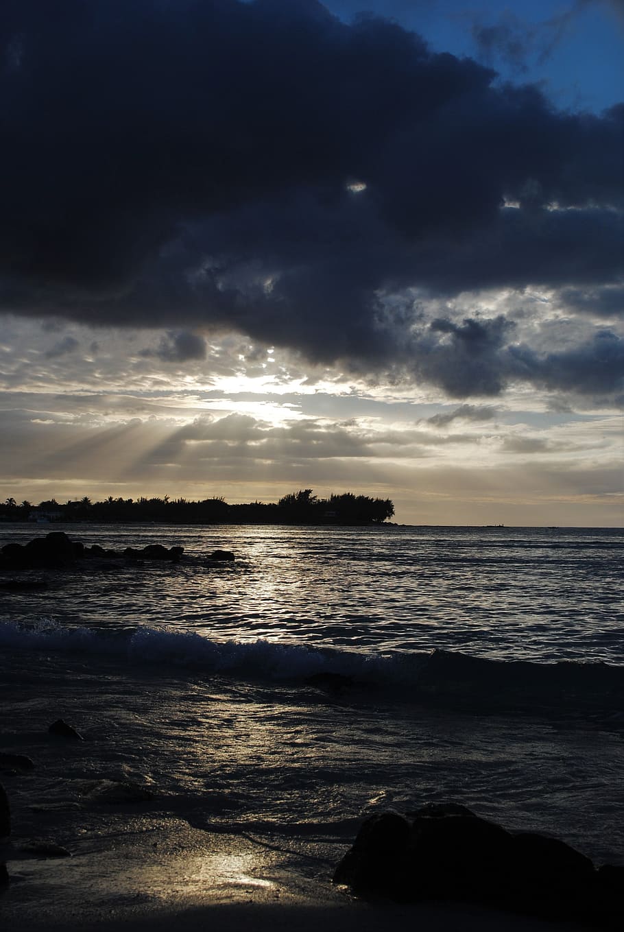 beach, sea, sunset, mauritius, wave, clouds, sunbeam, sky, water HD wallpaper