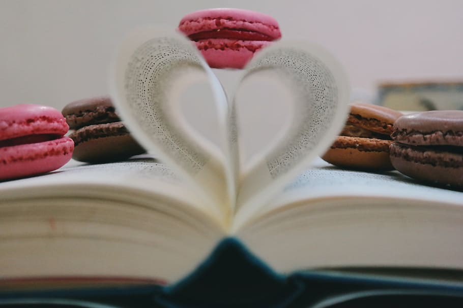 several macaroons on top of book, heart, shaped, open, page HD wallpaper