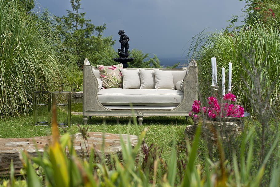 white leather sofa near green grass field, armchair, garden, beautiful, HD wallpaper