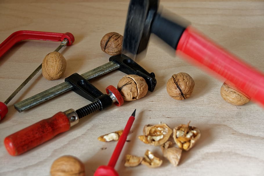 tool, hammer, screw clamp, screwdriver, saw, nuts, crack, open HD wallpaper