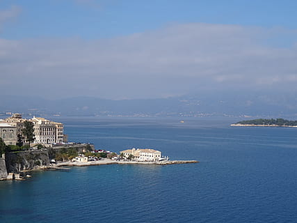 Corfu Town, Kerkyra, Building, sea, sun, clouds, sky, blue HD wallpaper