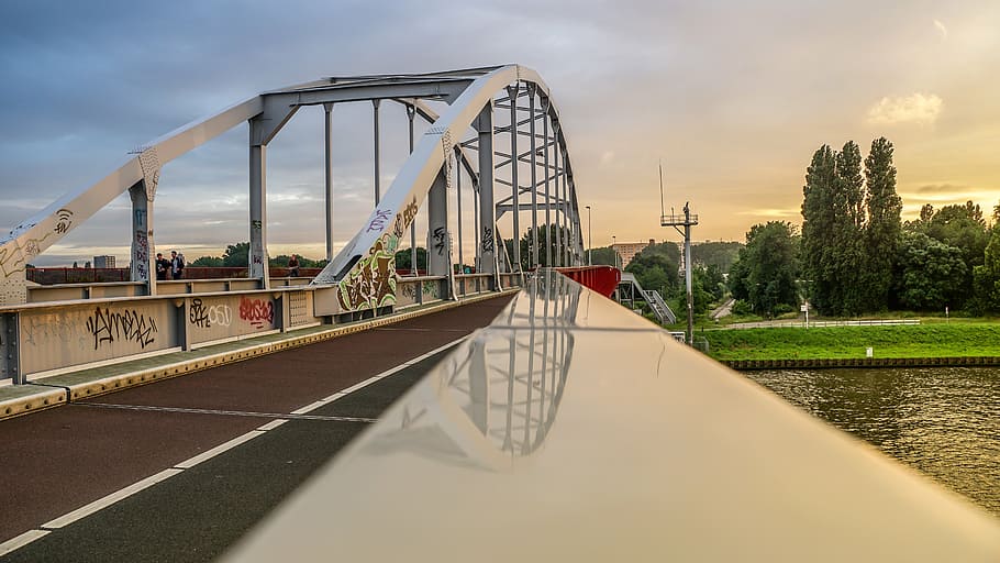 bridge, sunset, water, river, mood, reflections, transportation HD wallpaper