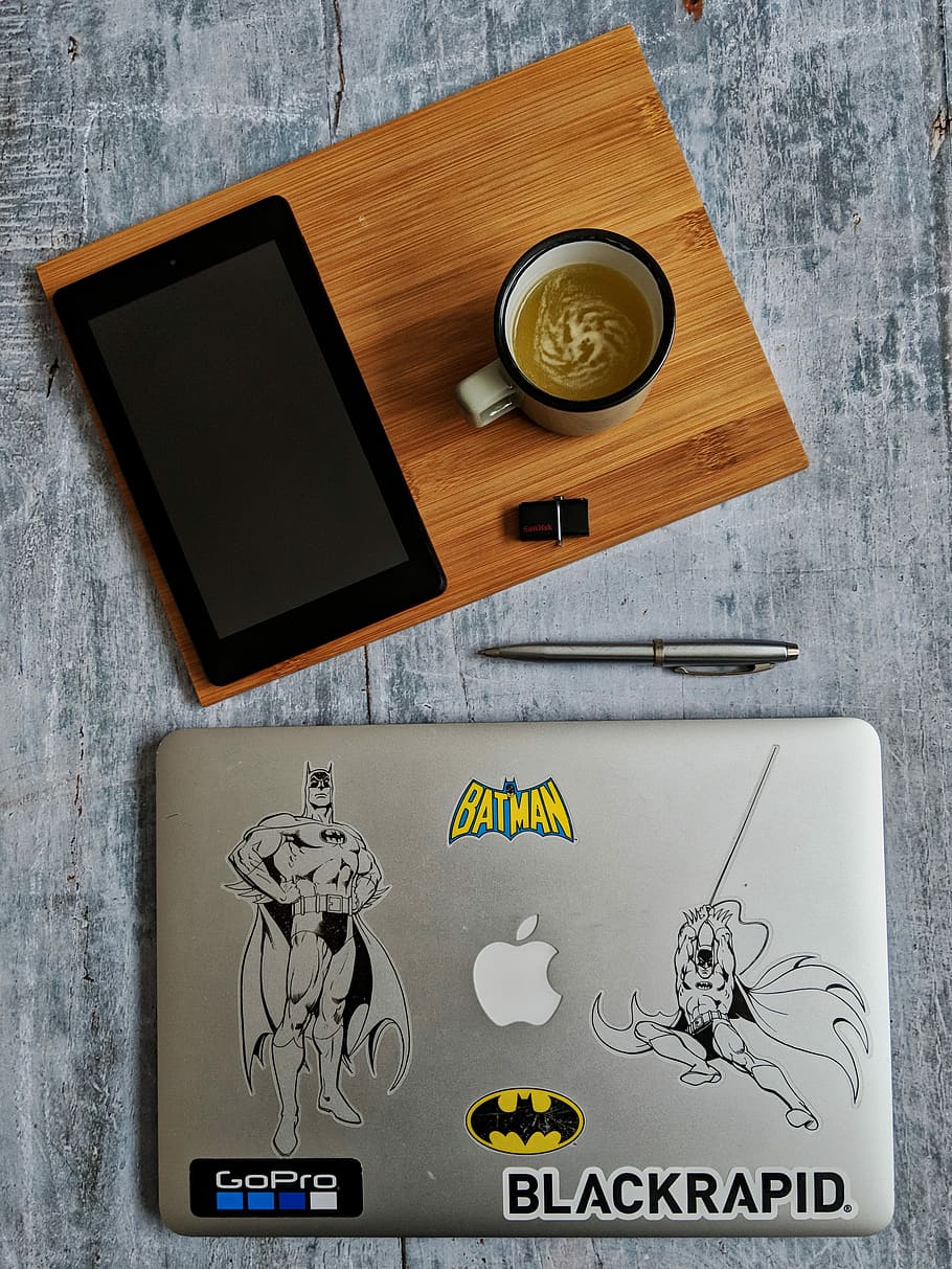 mug filled with yellow liquid on board, computer, coffee, work HD wallpaper