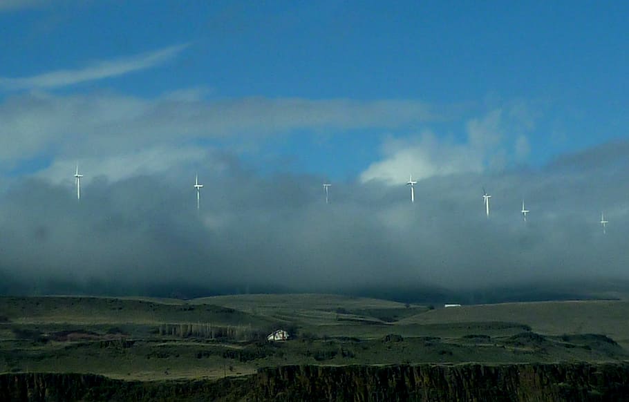 Windmills, Low, Clouds, Hill, low clouds, sky, hill side, landscape HD wallpaper