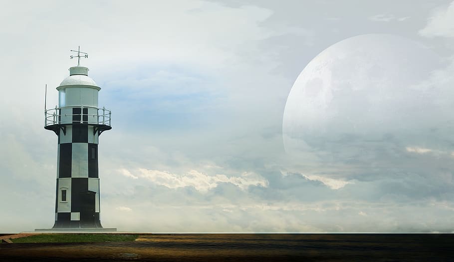 white and black lighthouse, moon, sea, clouds, mystical, full moon HD wallpaper