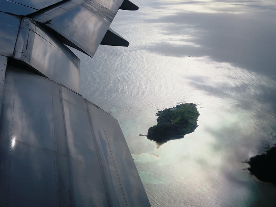 aircraft, island, fly, from above, out of plane, outlook, sky