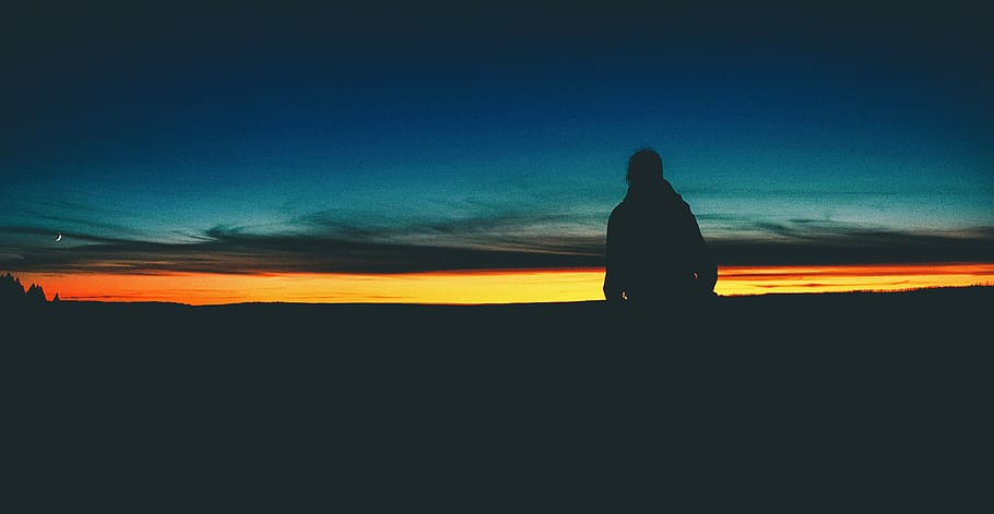 silhouette photo of person during golden hour, sunset, nature HD wallpaper