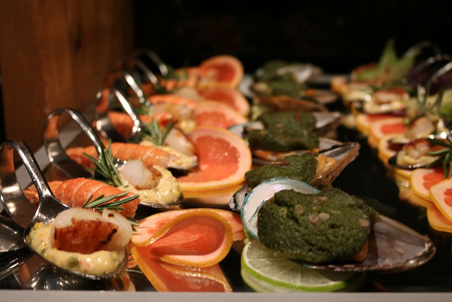 buffet, fish, shrimp, cold buffet, frisch, eat, food, delicious HD wallpaper