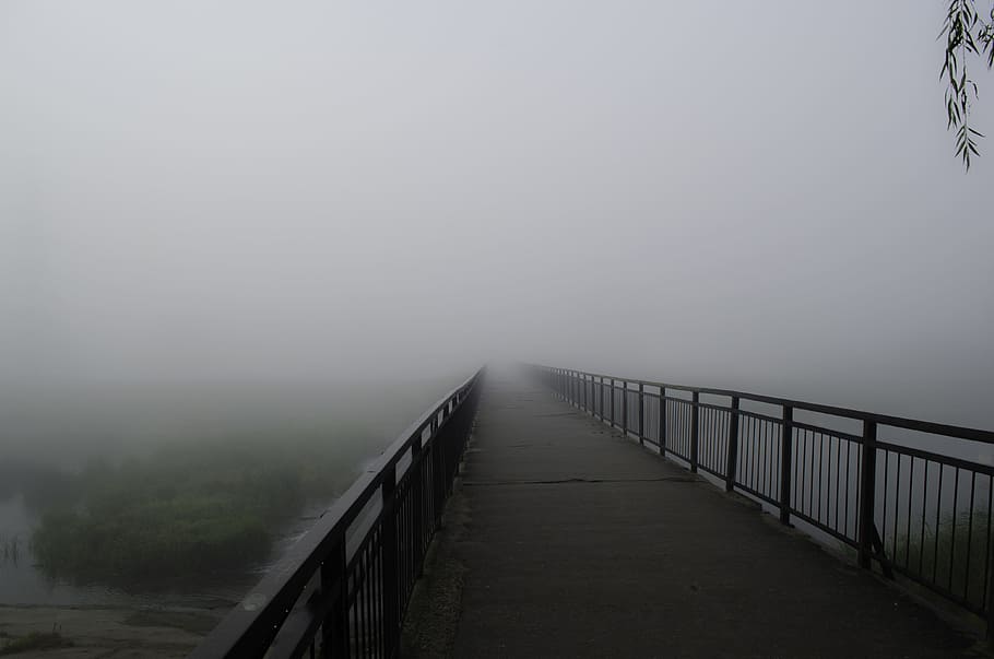 foggy dock, Bridge, Beach, Vista, Railing, dampness, aerial perspective HD wallpaper