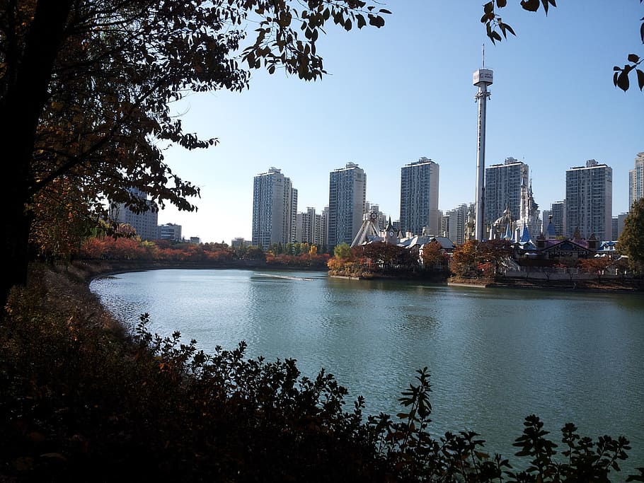 seokchon lake, lake palace, autumn, cityscape, urban Skyline, HD wallpaper