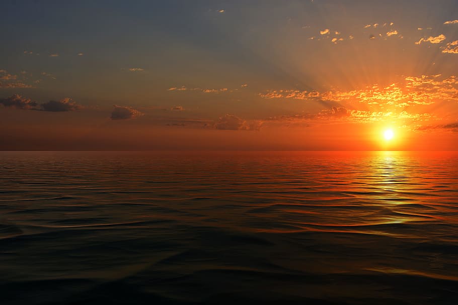 ocean during golden hour, waves, reflections, sky, water, blue HD wallpaper