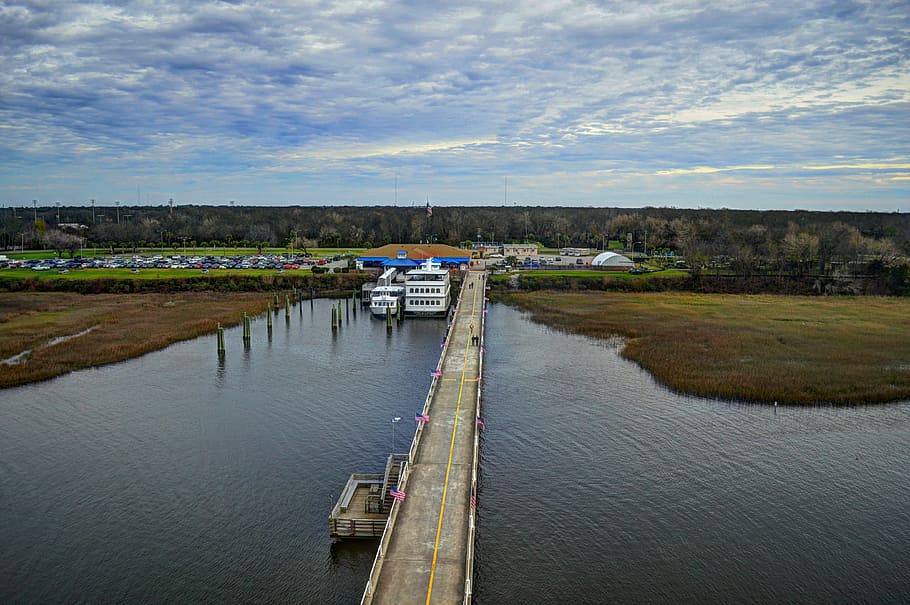 dock, water, landscape, ferry, sky, pier, summer, nature, boat, HD wallpaper