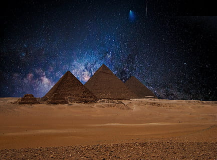 pyramids on desert, star, night sky, egypt, starry sky, mood HD wallpaper