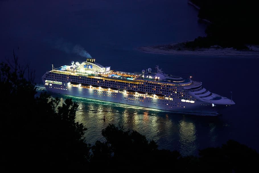 white cruise ship on ocean, trees, water, night, nautical vessel HD wallpaper
