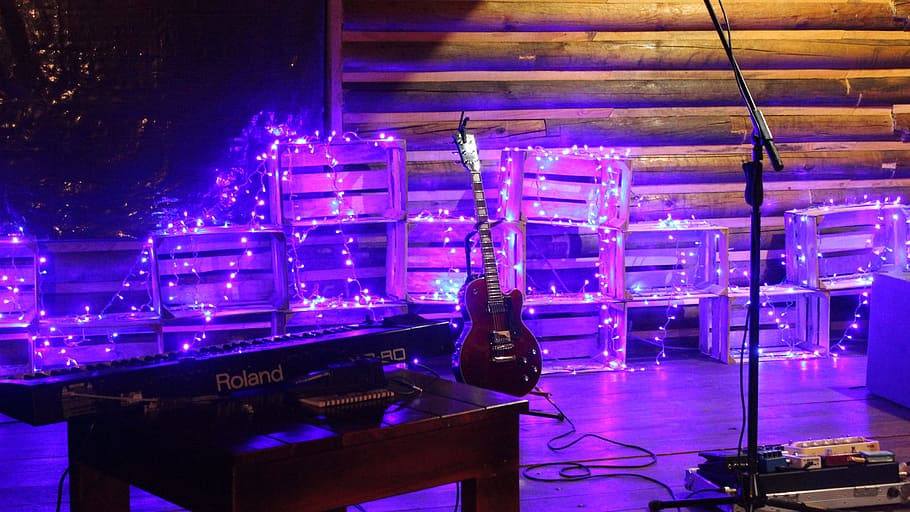 guitar and electronic keyboard placed on stage, effects, lights HD wallpaper