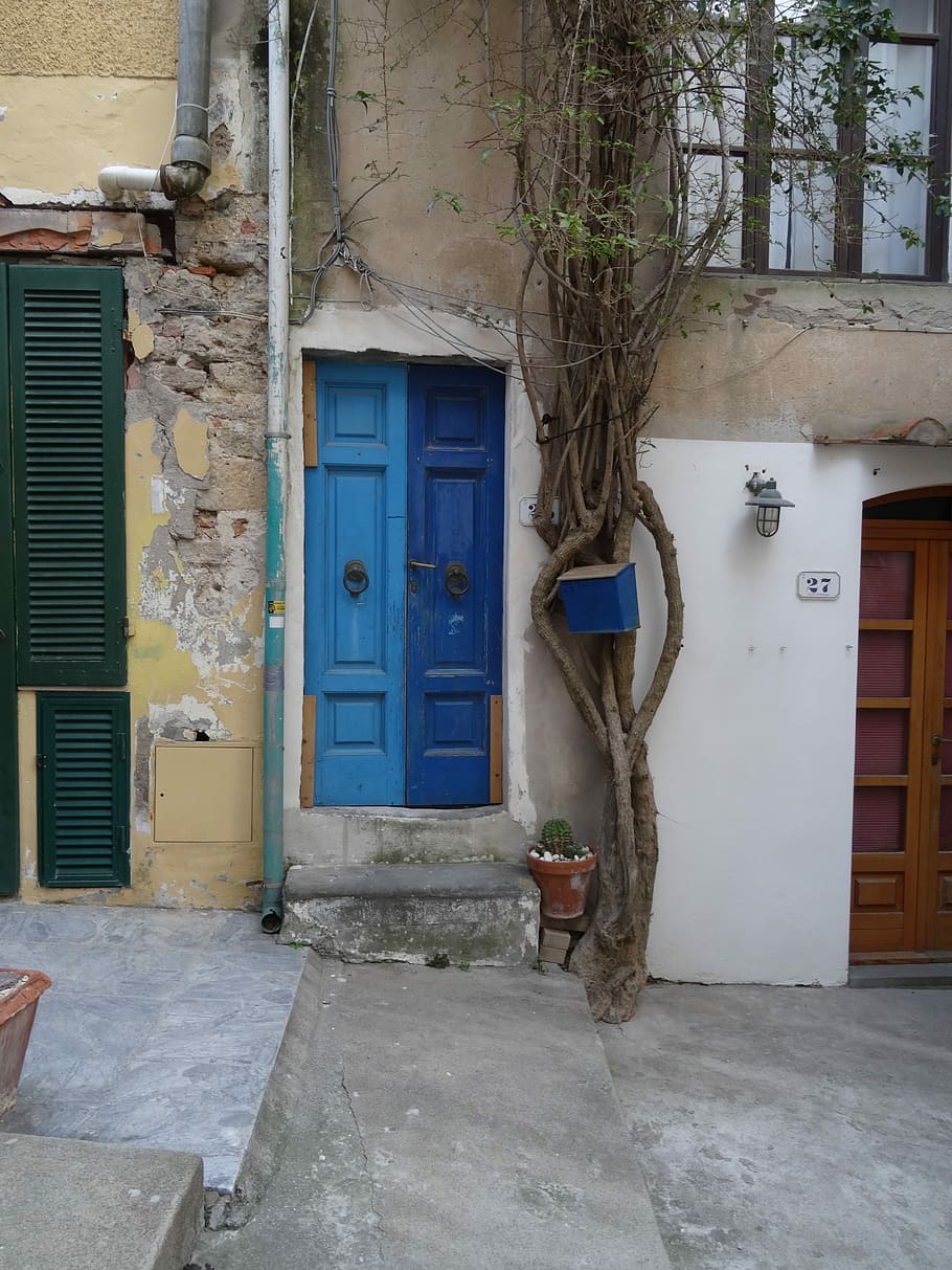 Door, Painted, blue, house, architecture, window, residential building HD wallpaper