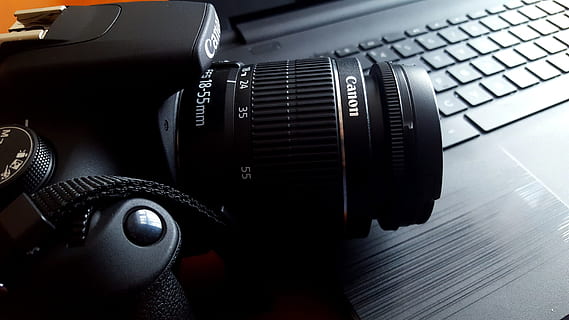 black Canon DSLR camera on black laptop, pc, notebook, photographer HD wallpaper