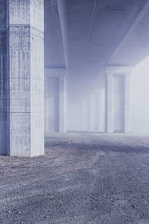 foggy gray concrete bridge, pillar, architecture, structure HD wallpaper