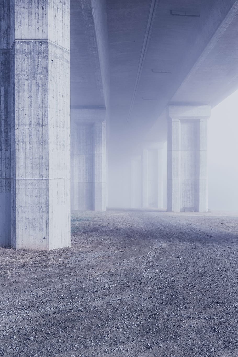 foggy gray concrete bridge, pillar, architecture, structure HD wallpaper