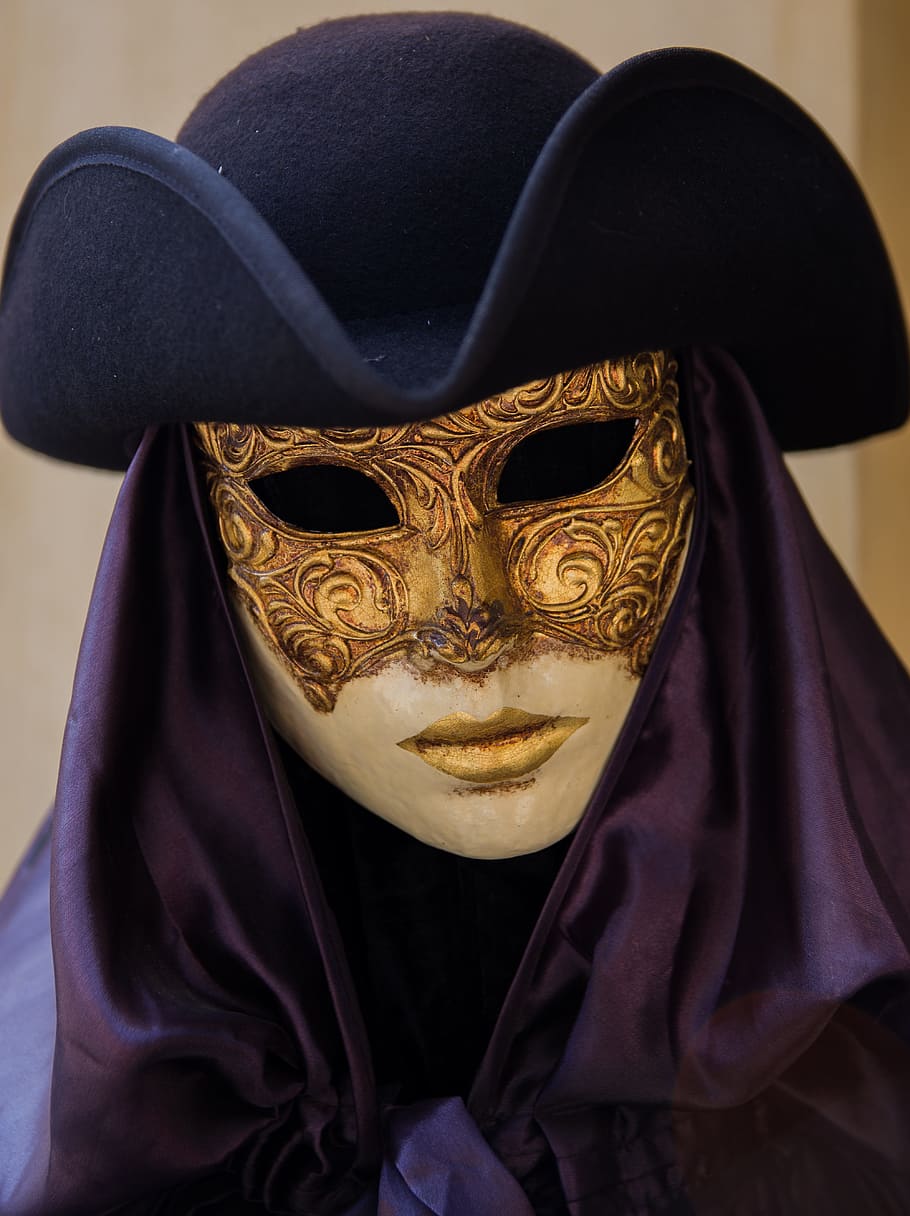 white and gold mask wearing hat, venice, carnival, costume, dress up, HD wallpaper