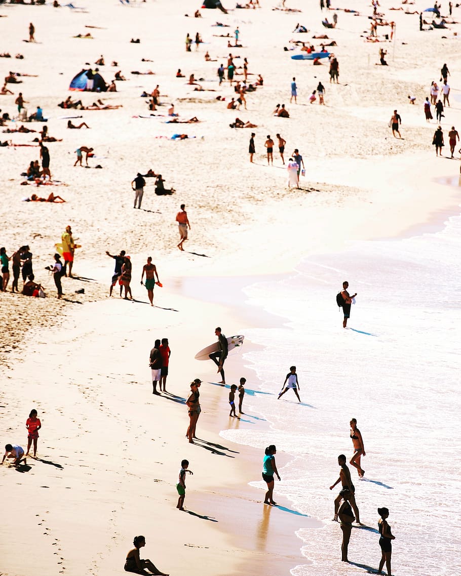aerial photo of people standing on shore during daytime, sea HD wallpaper